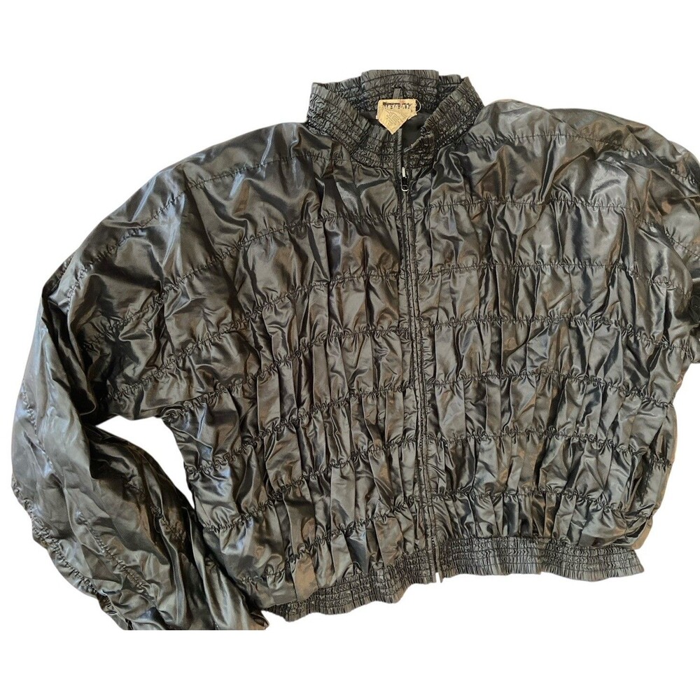 Vintage Changing Scene Unisex Black Nylon Bomber Jacket Size L Ruched 80s - Picture 2 of 10